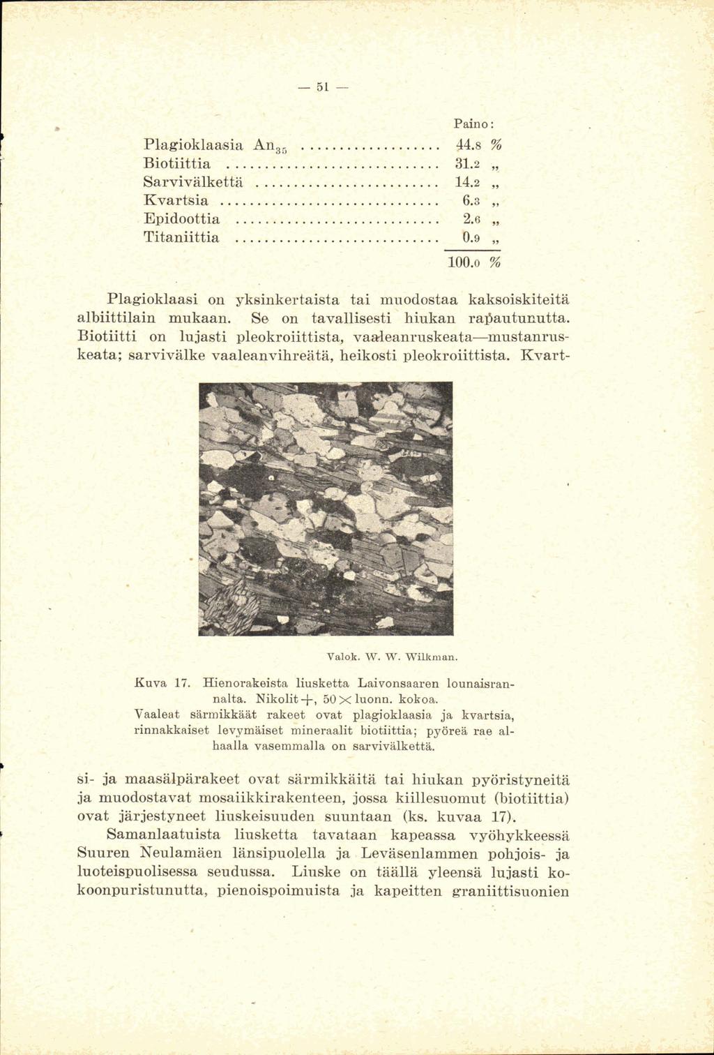 Paino :.. 9.8 % Biotiittia... 31.2,. Sarviviilkettä... 14.2, Kvarbia... 6.3,. Epidoottia...... 2.6, Titaniittia... 0.9,, _ 7.. 100.0 % 3 <1 : :+ '., :.; '.