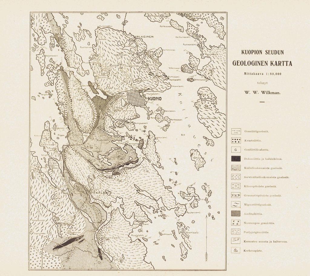 KUOPION SEUDUN GEOLOGINEN KARTTA Mittakaava 1: 80,000 tehnyt W. W. Wilkman.