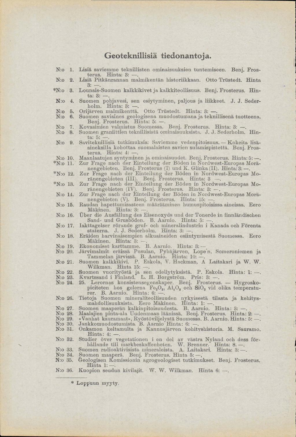 Geoteknillisia tiedonantoja... N:o 1. Lisia saviemme teknillisten ominaisuuksien tuntemiseen. Benj. Frosterus. Hinfa. 8:. N.o 2. Limna Pitkinrannan ndmikenth historiikkaan. Otto Trlietedt. Hinta 8:.