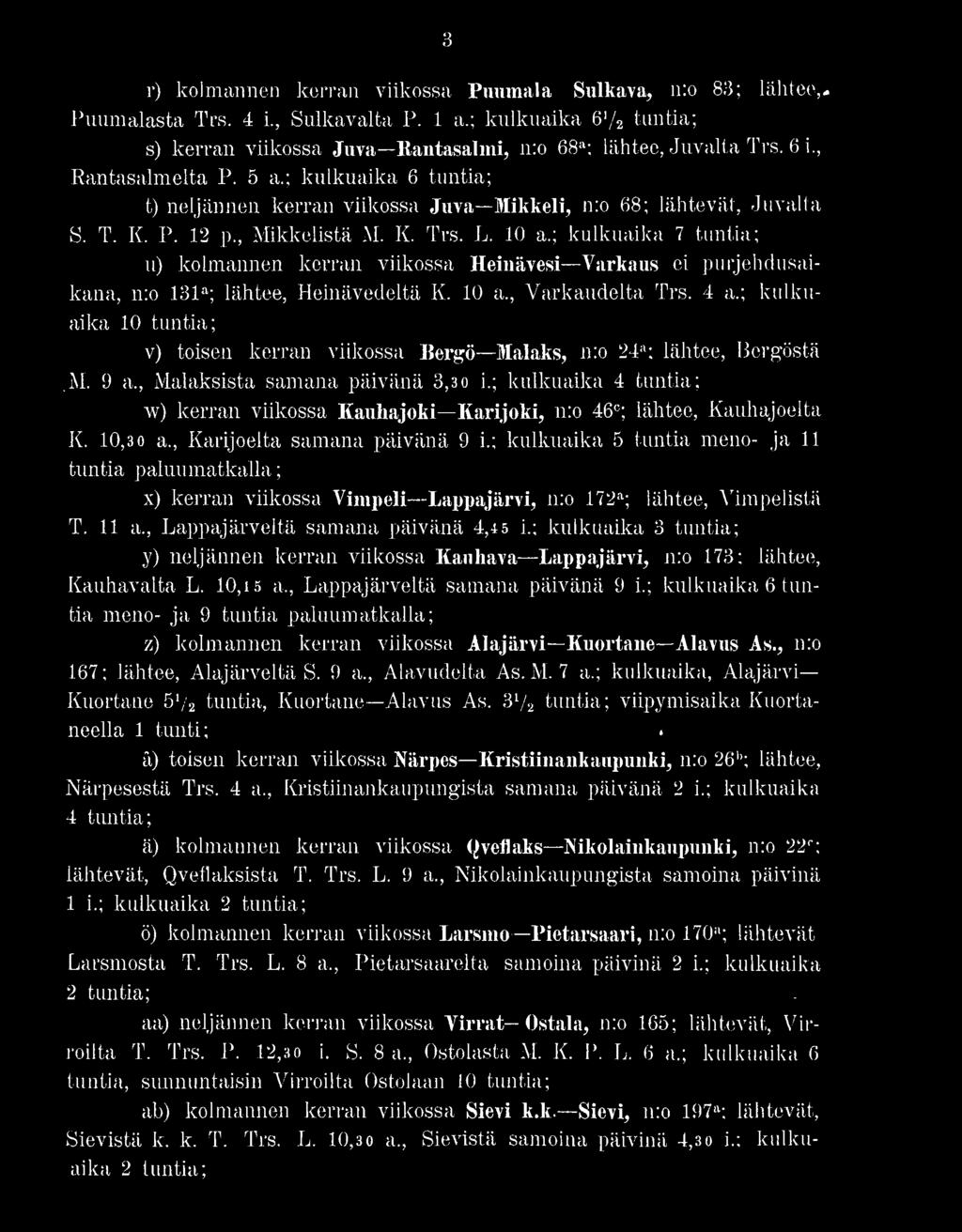 ; kulkuaika 7 tuntia; u) kolmannen kerran viikossa Heinävesi Varkaus ei purjehdusaikana, n:o 131a; lähtee, Heinävedeltä K. 10 a., Varkaudelta Trs. 4 a.