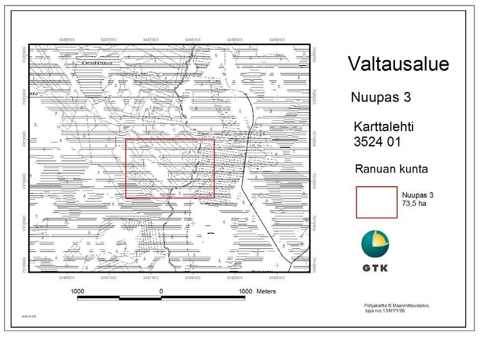 2 Kuva 1. Valtausalueen Nuupas 3 sijainti. Fig. 1. Location of the claim Nuupas 3. 1.2 Alueen yleisgeologia Ennen näitä tutkimuksia alueen geologia on ollut huonosti tunnettu.
