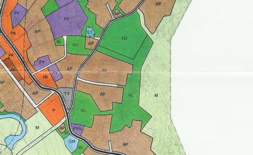 (VU), teollisuuden aluetta (T), ympäristöhäiriöitä aiheuttamattoman teollisuuden aluetta (TY) sekä maa- ja metsätalousvaltaista aluetta (M).