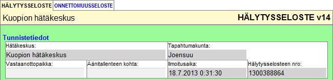 L-3 (72) L.1.1 Tunnistetiedot L.1.1.1 Hätäkeskus Hätäkeskus, joka on vastaanottanut hätäilmoituksen. Tieto tulee hätäkeskuksesta. L.1.1.2 Tapahtumakunta Kunta, jonka alueella onnettomuus on tapahtunut tai saanut alkunsa.