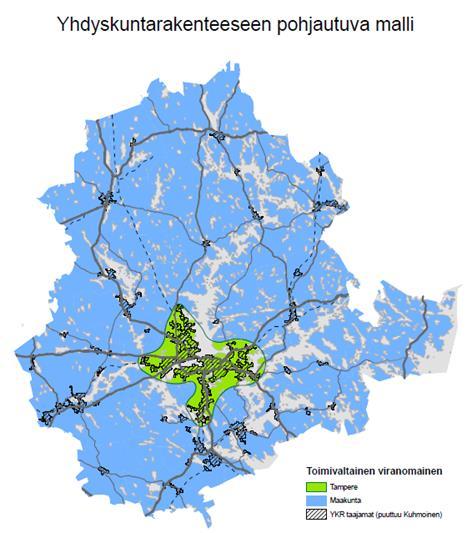 Pirkanmaa 2019 - valmisteluryhmän suosikki 2 joukkoliikenneviranomaista Tampereen kaupunkiseutu ja Pirkanmaan maakunta Tampereen kaupunkiseutu toimivalta-alue pienenee keskittyen kaupunkiseudun