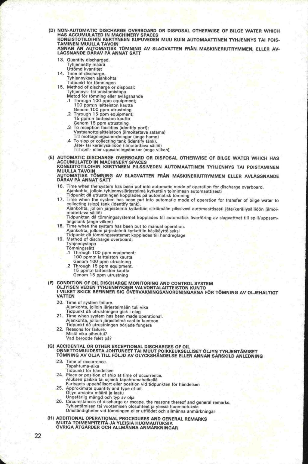Tidpunkt (D) NON-AUTOMATIC DISCHARGE OVERBOARD OR DISPOSAL OTHERWISE OF BILGE WATER WHICH HAS ACCUMULATED IN MACHINERY SPACES KONEISTOTILOIHIN KERTYNEEN KUPUVEDEN MUU KUIN AUTOMAATTINEN TYHJENNYS TAI