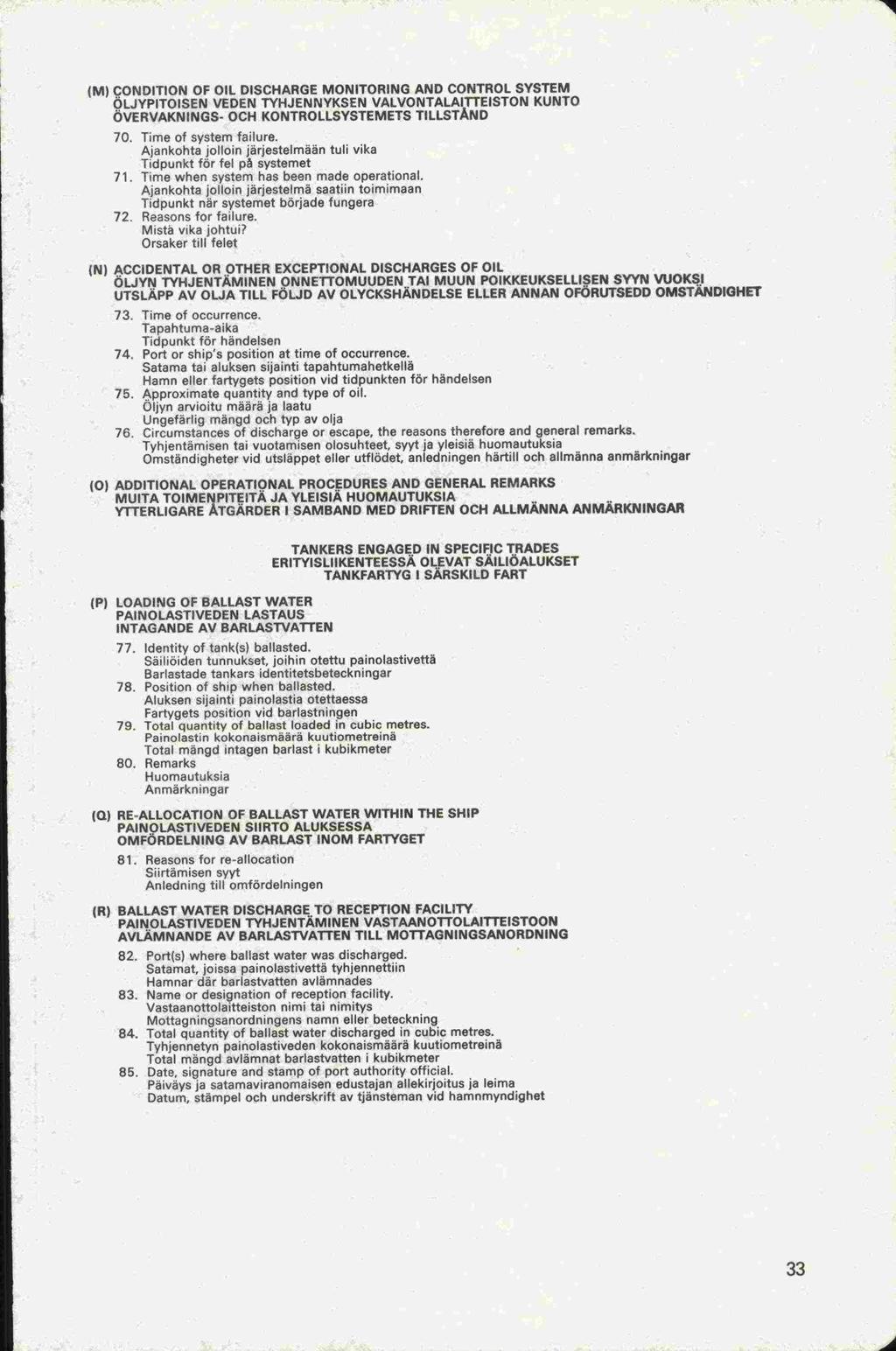 PAINOLASTI Fartygets Satamat, joissa Päiväys Total IM) CONDITION OF OIL DISCHARGE MONITORING AND CONTROL SYSTEM ÖLJYPITOISEN VEDEN TYHJENNYKSEN VALVONTALAI1TEISTON KUNTO ÖVERVAKNINGS- OCH