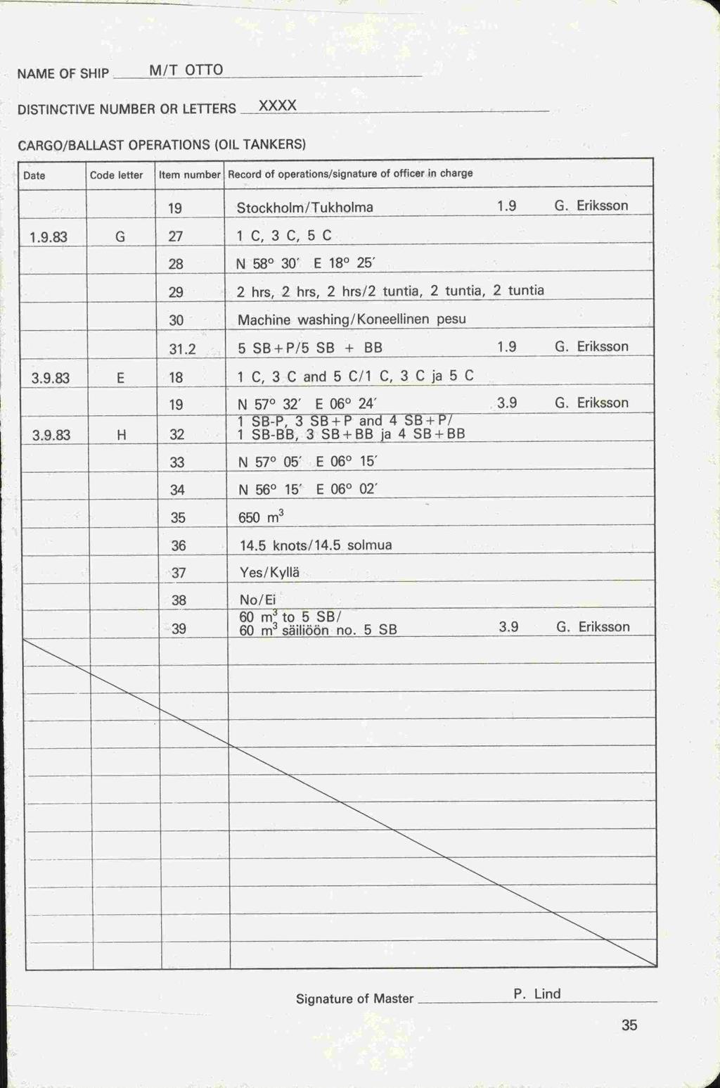 NAME OF SHIP MIT OTTO DISTINCTIVE NUMBER OR LETTERS xxxx CARGO/BALLAST OPERATIONS (OIL TANKERS) Date Code letter Item number Record of operations/signature of officer in charge 19 Stockholm/Tukholma
