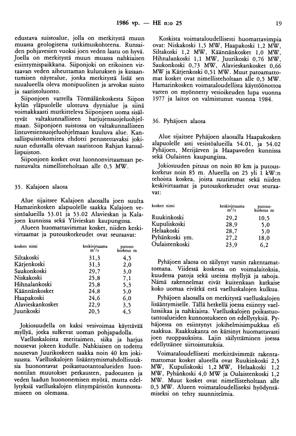 1986 vp. - HE n:o 25 19 edustava suistoalue, jolla on merkitystä muun muassa geologisena tutkimuskohteena. Runsaiden pohjavesien vuoksi joen veden laatu on hyvä.