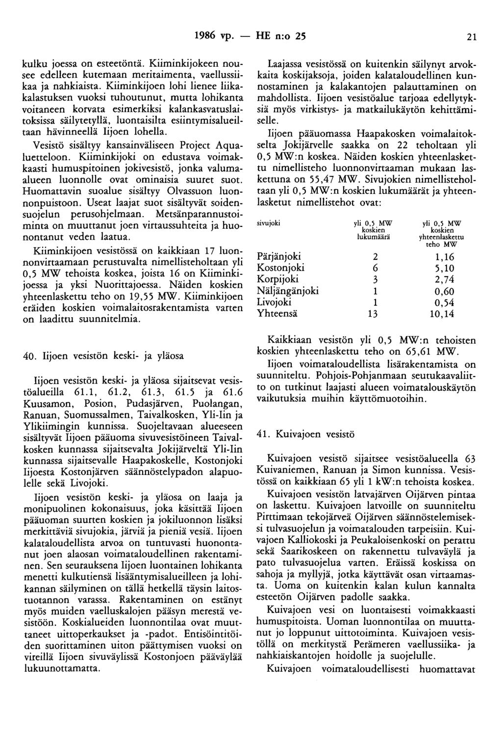 1986 vp. - HE n:o 25 21 kulku joessa on esteetöntä. Kiiminkijokeen nousee edelleen kutemaan meritaimenta, vaellussiikaa ja nahkiaista.