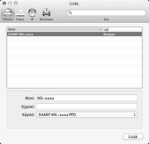 MAC OS X 12 Tulostinohjaimen konfigurointi Jos haluat käyttää IPP-toimintoa, katso tiedot tulostinohjaimen asetusten konfiguroinnista kohdasta "Tulostaminen IPP-toimintoa käyttämällä" (sivu 37).