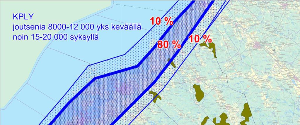 9 Kuva 3. Joutsenen arvioitu muuttoreitti Keski-Pohjanmaalla (Ramboll 2013). Maakuntakaavan mukainen rajaus Mutkalammin alueesta kartan oikeassa yläreunassa.