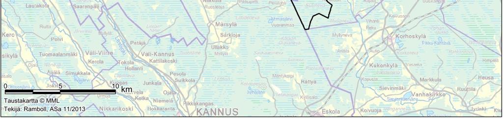 Linnustoa selvitettiin suunnittelualueelta sekä sitä ympäröivältä lähialueelta noin 5 km etäisyydelle. Suunnittelualue on supistunut hankeprosessin aikana alkuperäisestä. Kuva 1.