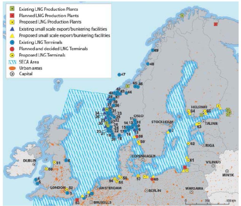 46 Holma & Karvonen Kuva 6.1. LNG-terminaalit ja rakentamissuunnitelmat SECA-alueella (lähde: Gazprom).