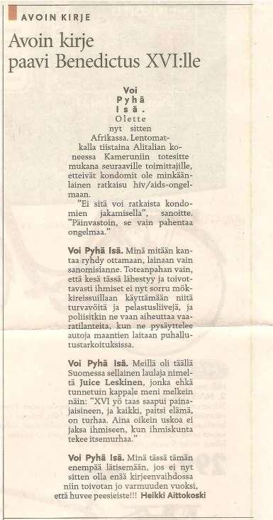 Liite 2: Heikki Aittokosken Avoin kirje paavi Benedictus XVI:lle Kuva 5. Heikki Aittokosken pakina. Helsingin Sanomat 19.
