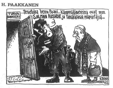 Kuva 2. H. Paakkanen piirroksessa paavi oli matkalla turvabunkkeriin. Paavin seurana olisi aikaisemmin muslimeja suututtaneita henkilöitä. Ilta-Sanomat 18.9.2006.