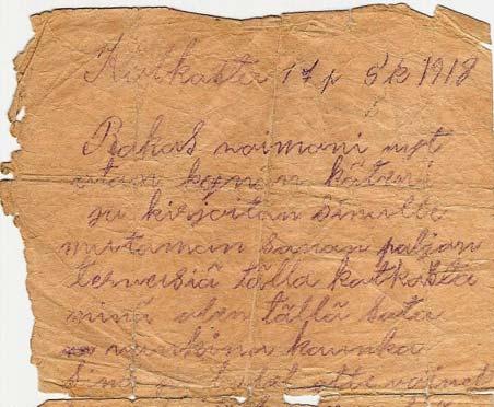 Kirje Kotkan vankileiriltä Kotkasta 17 p 5 k 1918 Rakas vaimoni nyt otan kynän käteni ja kirjoitan sinulle
