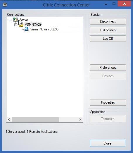 Citrix Connection Center. 3. Citrix Connection Center:stä voidaan lopettaa istunto, jos se on esim.