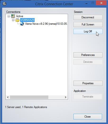 Citrix Connection Centerin pääikkunasta voit poistaa roikkumaan jääneet Sovelluspalvelu -istunnot, vaikka kaikki ohjelmat olisi suljettu jo koneelta ja Sovelluspalvelusta on kirjauduttu ulos ja