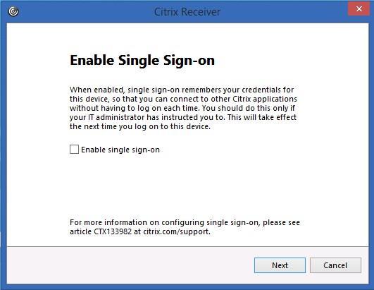 Enable Single Sign-on. 13. Jos tulee Enable Single Sign-on valintaikkuna, tämä kuitataan painamalla Next (Älkää valitko Enable Single Sign-on -optiota). 14.