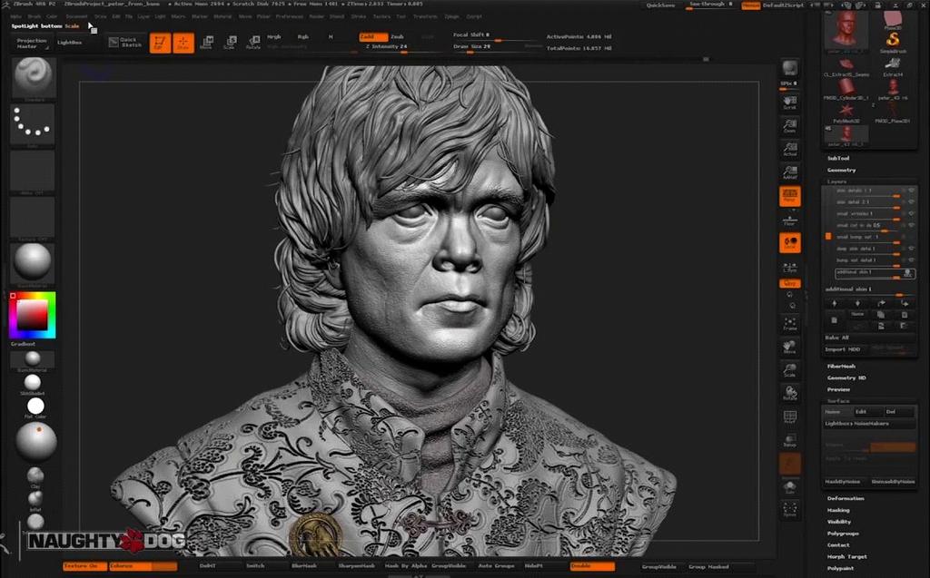 10 KUVA 7. ZBrush ohjelmalla tehty veistomallinnus (Cgmeetup 2015) Veistäminen on usein käytössä juuri tarkempia yksityiskohtia tehtäessä, kun mallin ruumiinosat on saatu tehtyä ilman yksityiskohtia.