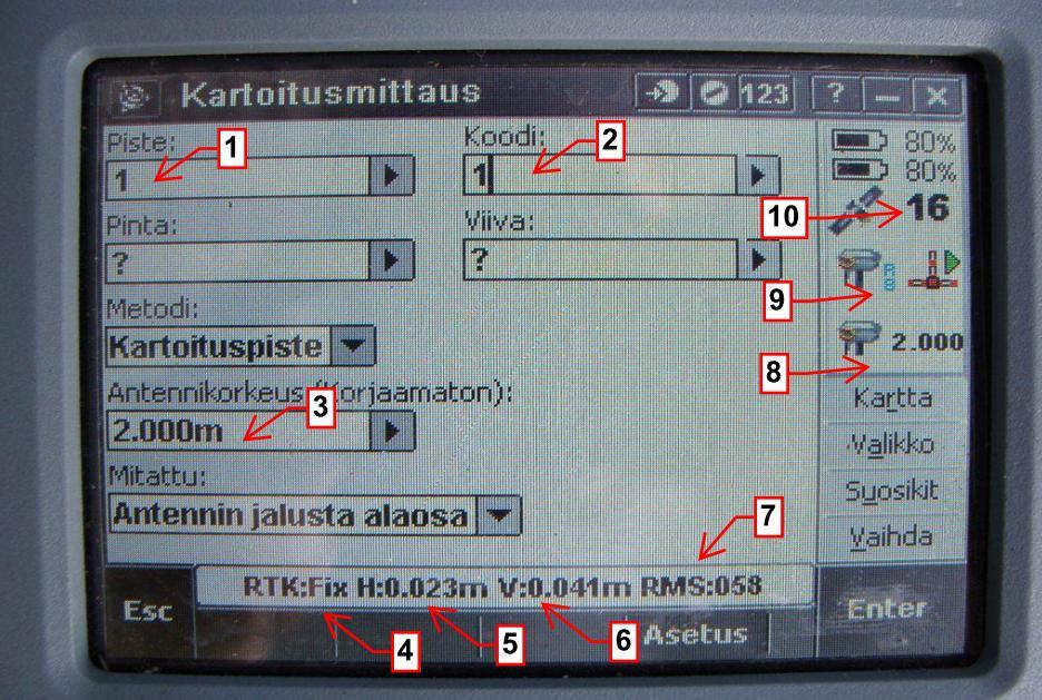 25 KUVA 14. Mittausvalikon näkymä Kartoitusmittauksen mittaus aloitetaan silloin, kun mittauspisteitä aloitetaan syöttää laitteeseen.