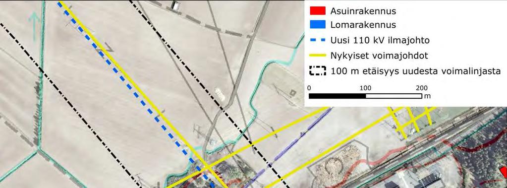 172 Kattiharjun tuulivoimapuisto FCG SUUNNITTELU JA TEKNIIKKA OY Kuva 10.17. Asutus nykyisen 110 kv + 400 kv voimajohdon ja uuden 110 kv:n voimajohdon läheisyydessä, suunnitellun voimajohtoreitin