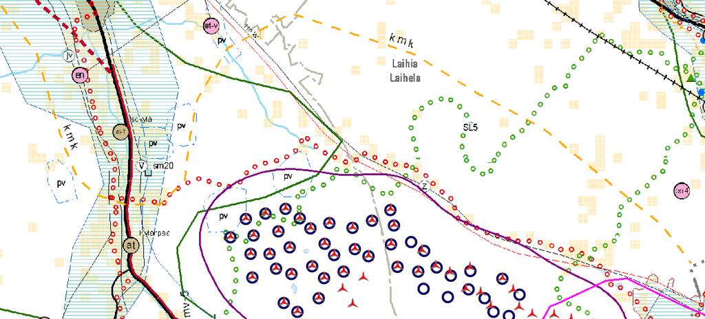 FCG SUUNNITTELU JA TEKNIIKKA OY Kattiharjun tuulivoimapuisto 175 Nykyinen 400 + 110 kv linja Kuva 10.18. Ote Pohjanmaan maakuntakaavasta (Pohjanmaan liitto 2010).