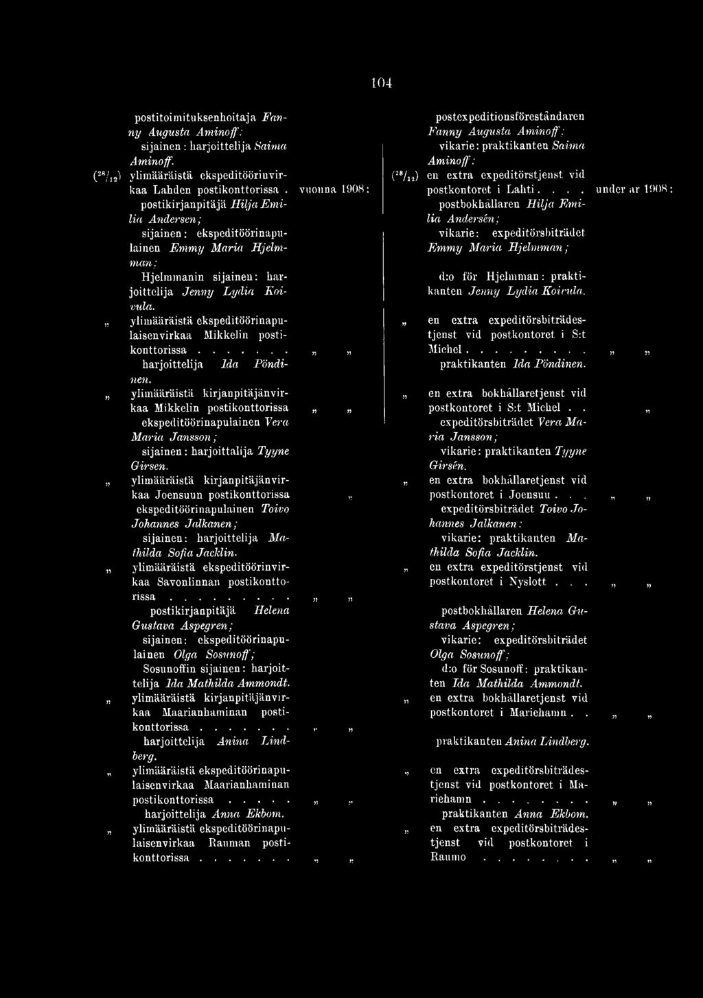.. postikirjanpitäjä Helena Gustava Aspegren; sijainen: ckspeditöörinapulainen Olga Sosunofif; Sosunoffin sijainen: harjoittelija Ida Mathilda Ammondt. Maarianhaminan postikonttorissa.