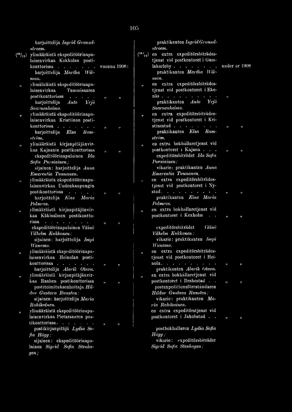 Raahen postikonttorissa postitoimituksenhoitaja Hildur Gustava Huristen; sijainen: harjoittelija Maria Rahikainen.,, ylimääräistä ekspeditöörinapulaisenvirkaa Pietarsaaren postikonttorissa.