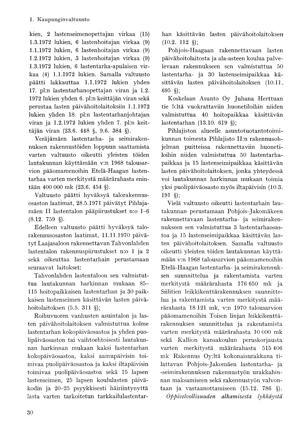 kien, 2 lastenseimenopettajan virkaa (15) 1.3.1972 lukien, 6 lastenhoitajan virkaa (9) 1.1.1972 lukien, 6 lastenhoitajan virkaa (9) 1.2.1972 lukien, 3 lastenhoitajan virkaa (9) 1.3.1972 lukien, 6 lastentarha-apulaisen virkaa (4) 1.