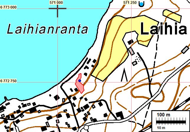 3 Laihianrannan kivikautisen asuinpaikan muinaisjäännösrajaus vuoden 2013 kartoituksen perusteella merkitty karttaan punaisella.