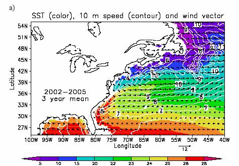 Figure 7a. North-west Atlantic SST (color, C) and mean neutral 10 m wind speed (ms-1, 0.5 ms-1 contour), and vectors (see scale at bottom right).