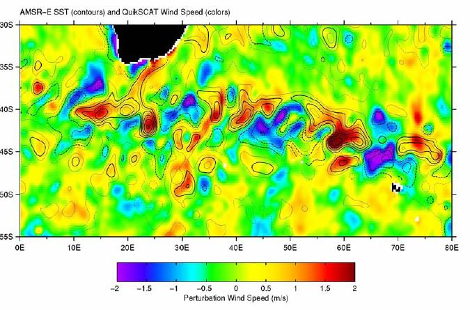 Figure 10: Spatially high-pass filtered SST (contours; solid are positive and dashed are negative) from the AMSR-E and 10-m neutral equivalent scalar-averaged wind speed (colors) from the QuikSCAT