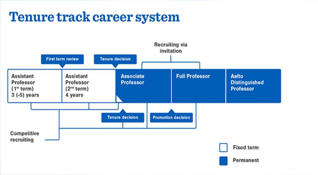 Tenure track Professorin tehtävään johtava urapolku. Käytännöt ja rakenne vaihtelee yliopistojen välillä. Tasolta toiselle edetään arvioinnin kautta, painopiste tutkimusansioissa. (Välimaa ym.