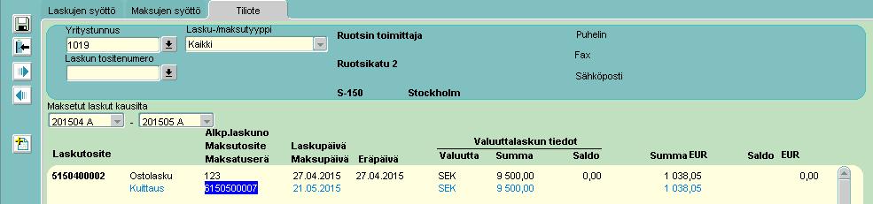 Jos tallennat euromääräisen summan, ohjelma laskee maksupäivän kurssin.