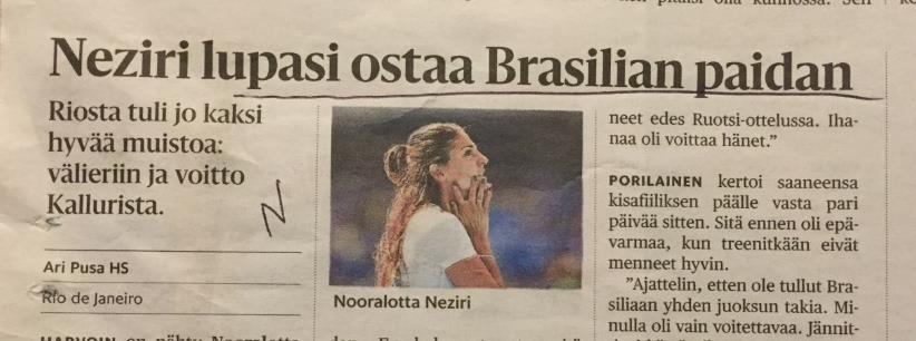 Helsingin Sanomien urheilusivuilla julkaistiin 17.8.2016 otsikko: Neziri lupasi ostaa Brasilian paidan.