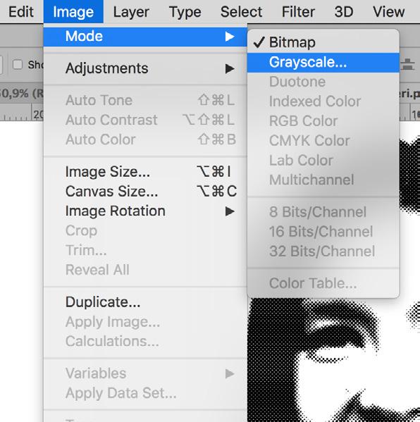 (Image Mode Bitmap) Asetuksisi valitaan: Method: Halftone Screen Frequency