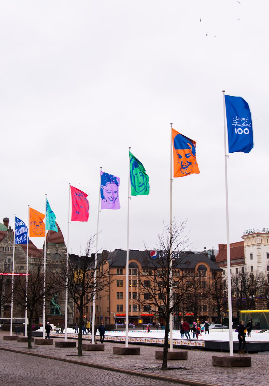 2. Mitä keräykset ovat? Juhlavuoden salkolipuissa hyödynnetään Suomen kasvot -kuvituskonseptia, kasvojen ollessa näyttävästi esillä lipuissa.