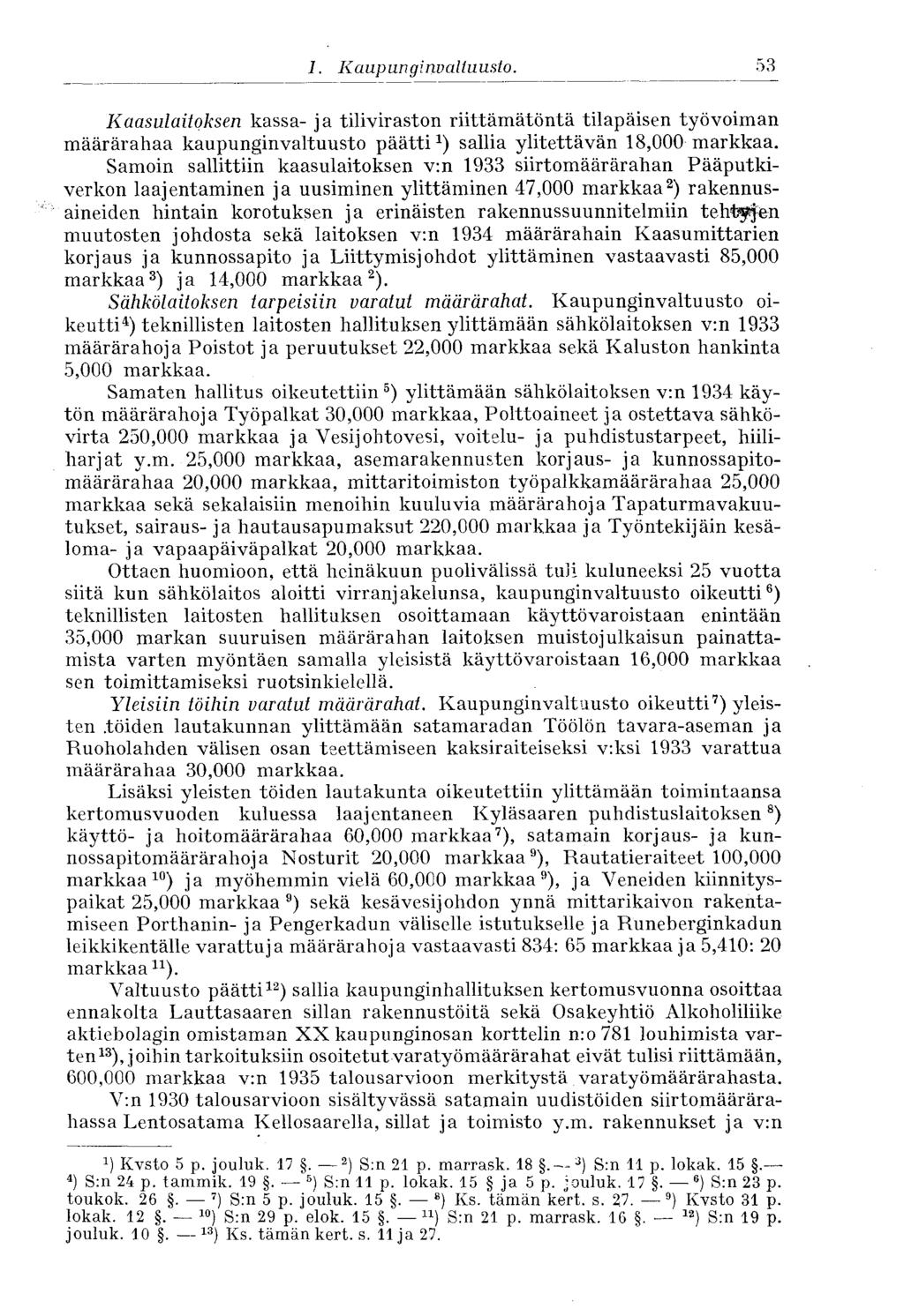 53 I. Kaupunginvaltuusto. Kaasulaitoksen kassa- ja tiliviraston riittämätöntä tilapäisen työvoiman määrärahaa kaupunginvaltuusto päätti 1 ) sallia ylitettävän 18,000 markkaa.