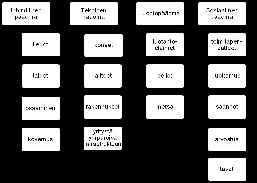 15 kehittämisen kautta saadaan kustannustehokkuutta tuotantoon (Kuvio 4). Nämä neljä pääomalajia ovat inhimillinen pääoma, ihmisen tekemä eli tekninen pääoma, luontopääoma ja sosiaalinen pääoma.