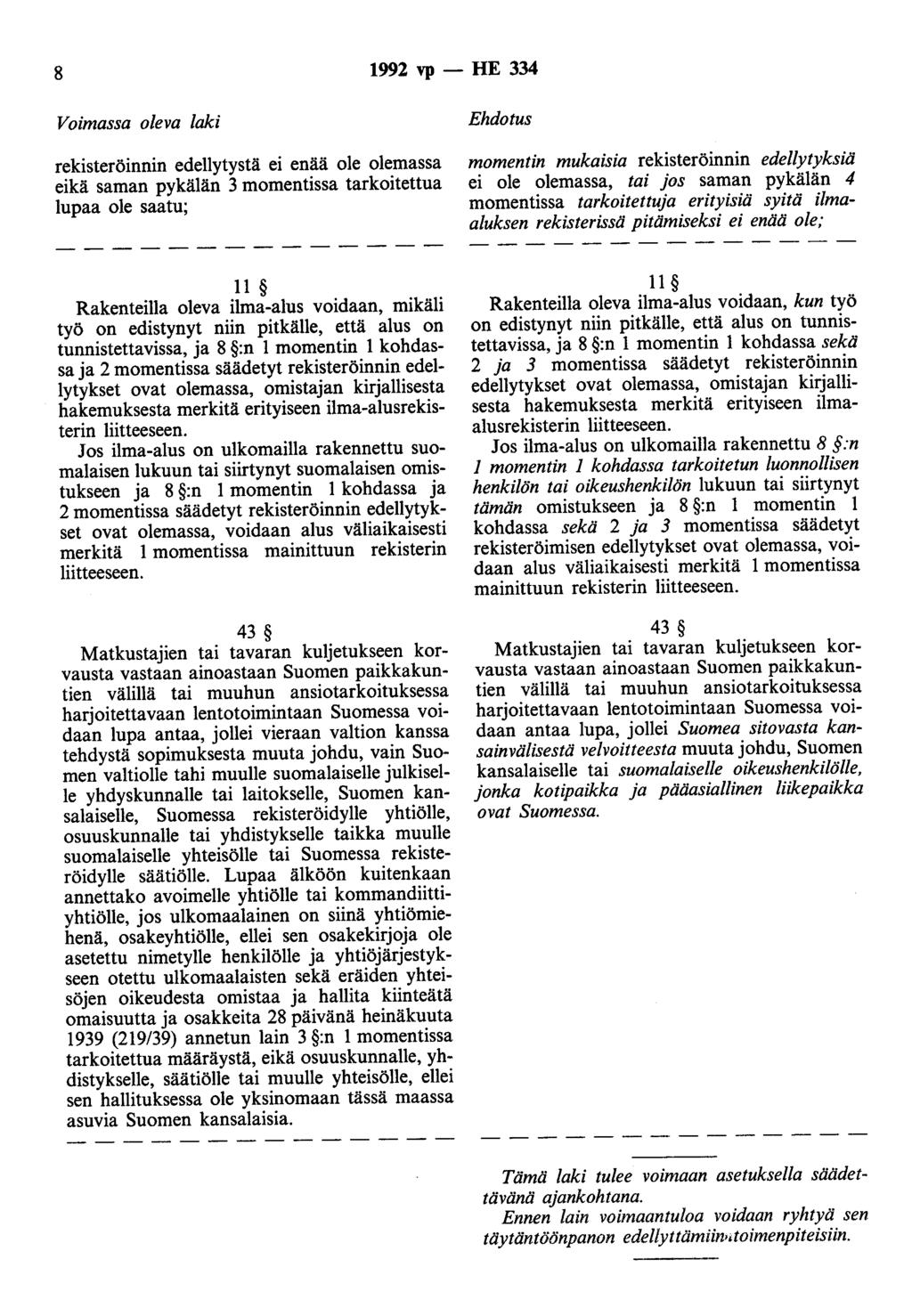 8 1992 vp- HE 334 Voimassa oleva laki rekisteröinnin edellytystä ei enää ole olemassa eikä saman pykälän 3 momentissa tarkoitettua lupaa ole saatu; Ehdotus momentin mukaisia rekisteröinnin