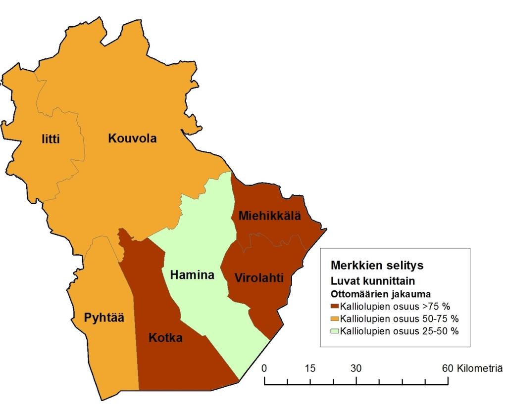 Kuva 9 Kuntakohtaisesti kalliolupien ottomäärän osuus kaikkien sora- ja kalliolupien