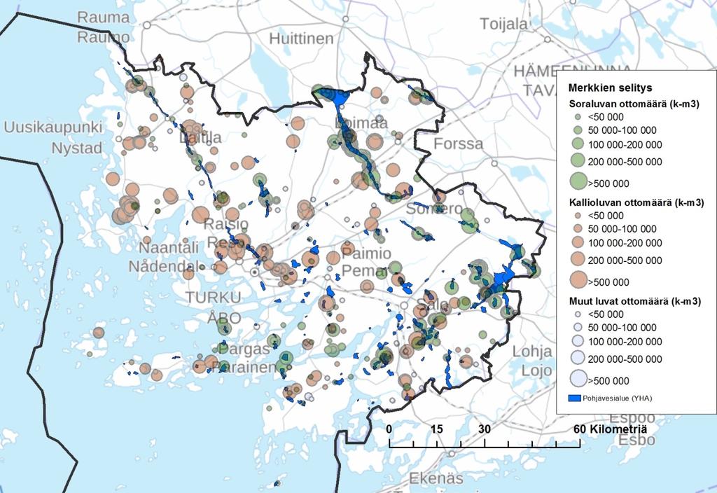 pohjavesialueiden pinta-alat Varsinais-Suomessa, Kymenlaaksossa ja Etelä-Karjalassa.