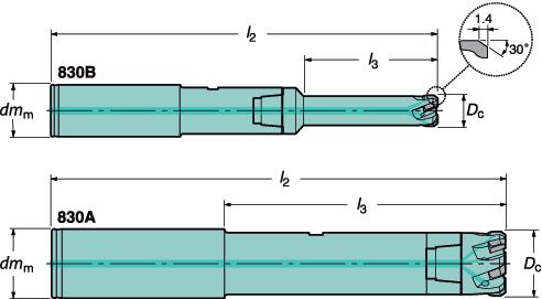 Reamer, malli 830 Reamer, malli 830 läpireikien viimeistelyyn Reiän halkaisija 10.00 31.75 mm (.3937 1.250 tuumaa) Maks.