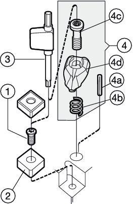 BORING Spare parts Varaosat DuoBore Terän kiinnitys CoroTurn RC CoroTurn RC keraamiteriin 4a 4b 4c 4d 4e 4f 4g 4h Tappi Kiila Puristusjousi Ruuvi Puristuslevy Lukituslevy Ruuvi Avain (Torx) CoroTurn