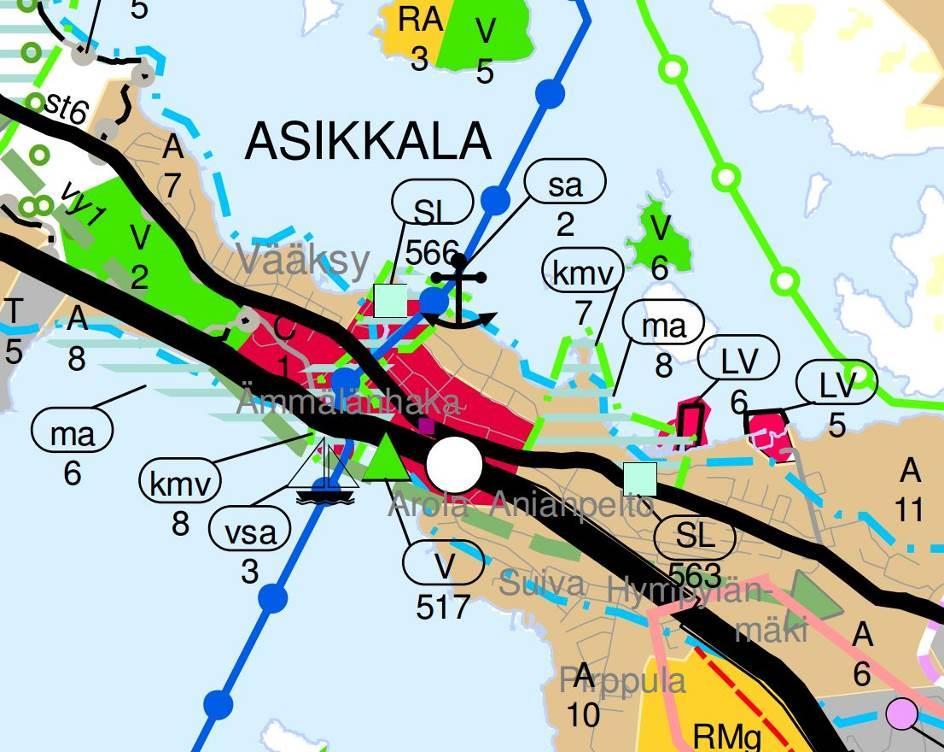 5 Maakuntakaavassa 2014 koko suunnittelualue on merkitty keskustatoimintojen alueeksi (C) ja se on luokiteltu kaupunkialueeksi, joka tarkoittaa Asikkalan taajama-aluetta (ka1,