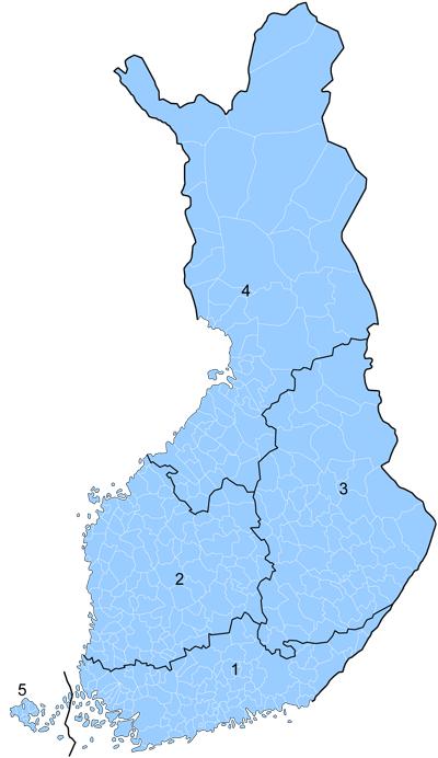 3.9 Aluejako Tilastokeskuksen suuralueiden mukainen: 1. Etelä-Suomi 2. Länsi-Suomi 3. Itä-Suomi 4. Pohjois-Suomi 5. Ahvenanmaa Åland 3.