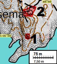 11 Muinaisjäännösalueet (1) Rankki ja (2) Rankki 1 on rajattu karttaan punaisina alueina.