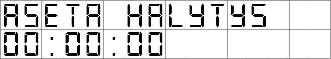 VVVV. Asetettava yksikkö vilkkuu näytöllä. 3.2.7 Hälytinasetus Ensimmäisellä rivillä lukee ASETA HALYTYS ja toisella rivillä asetettava aika HH:MM:SS formaatissa. Asetettava yksikkö vilkkuu näytöllä. 3.3 Järjestelmän alustus Kuva 10: Hälytysasetuksen näkymä Järjestelmä alustetaan, kun laitteeseen kytketään virta tai RESET toimintasarjalla.