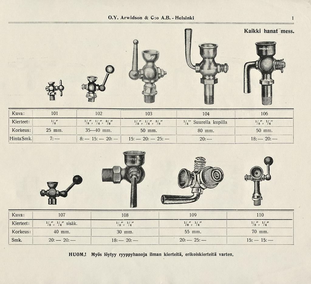 y 25 8: 20: 18: 20: 20: 80 18: O.Y. Arwidson & C:o Å.B. Helsinki 1 Kaikki hanat mess. Kuva: 101 102 103 104 106 Kierteet: 8 V 8, y 4, % Suurella kupilla y 8, y 4 Korkeus: HintaSmk. 7: mm. 3540 mm.